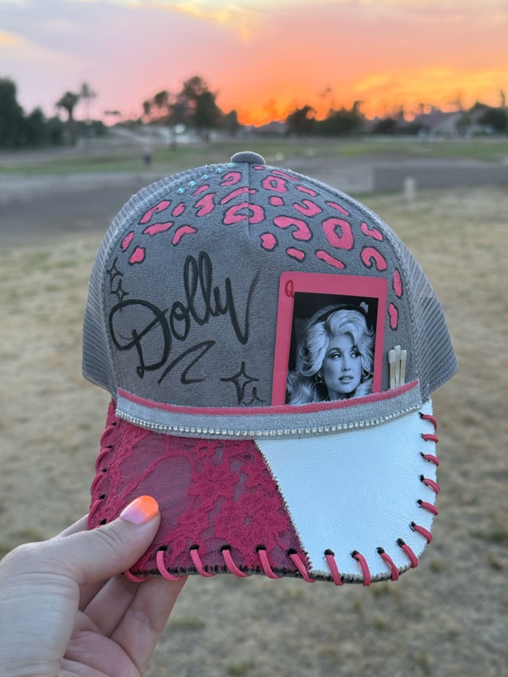 Gray dolly trucker hat hand burned